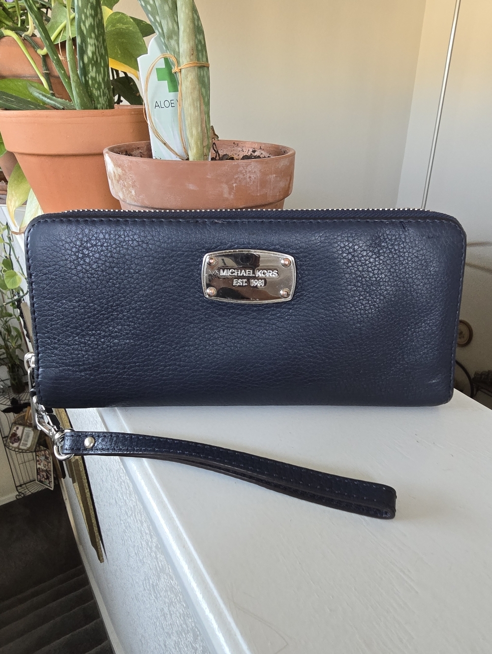 Michael Kors Navy Blue Pebbled Leather Zip Wallet Wristlet with Silver Hardware